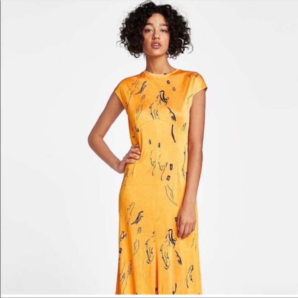 Zara Morocco Collection Abstract Printed Yellow Maxi Silky Satin Dress NWOT